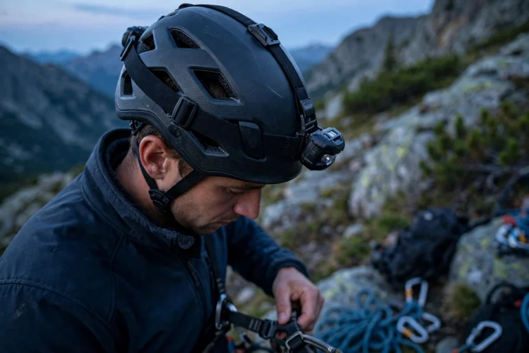 Headlamp mounted securely on a climbing helmet at dusk