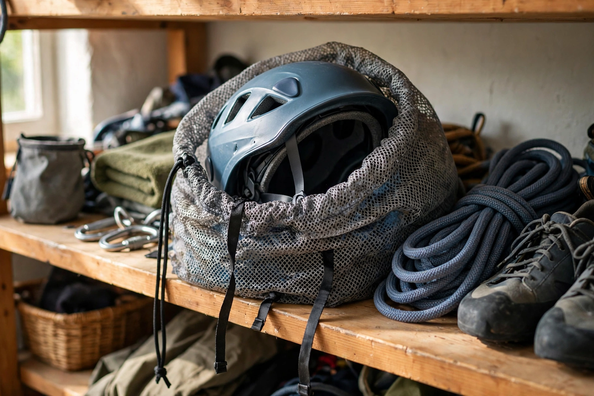Climbing helmet in a breathable storage bag on a home gear shelf