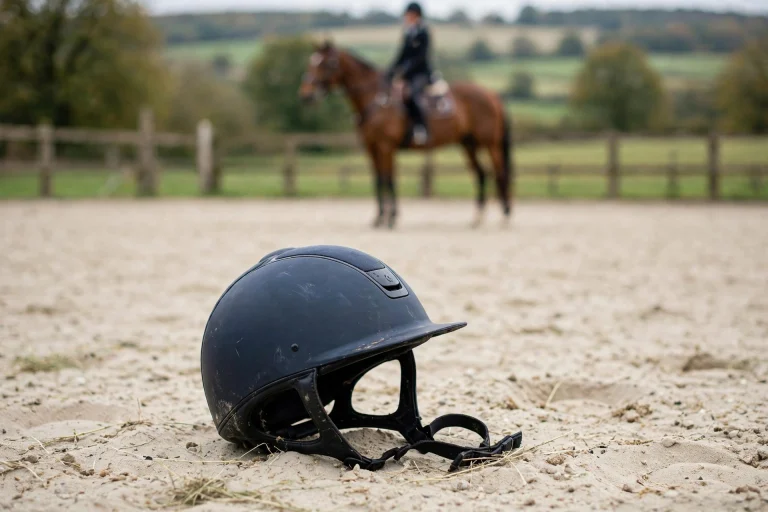 Fallen rider's equestrian helmet resting on arena sand after a fall