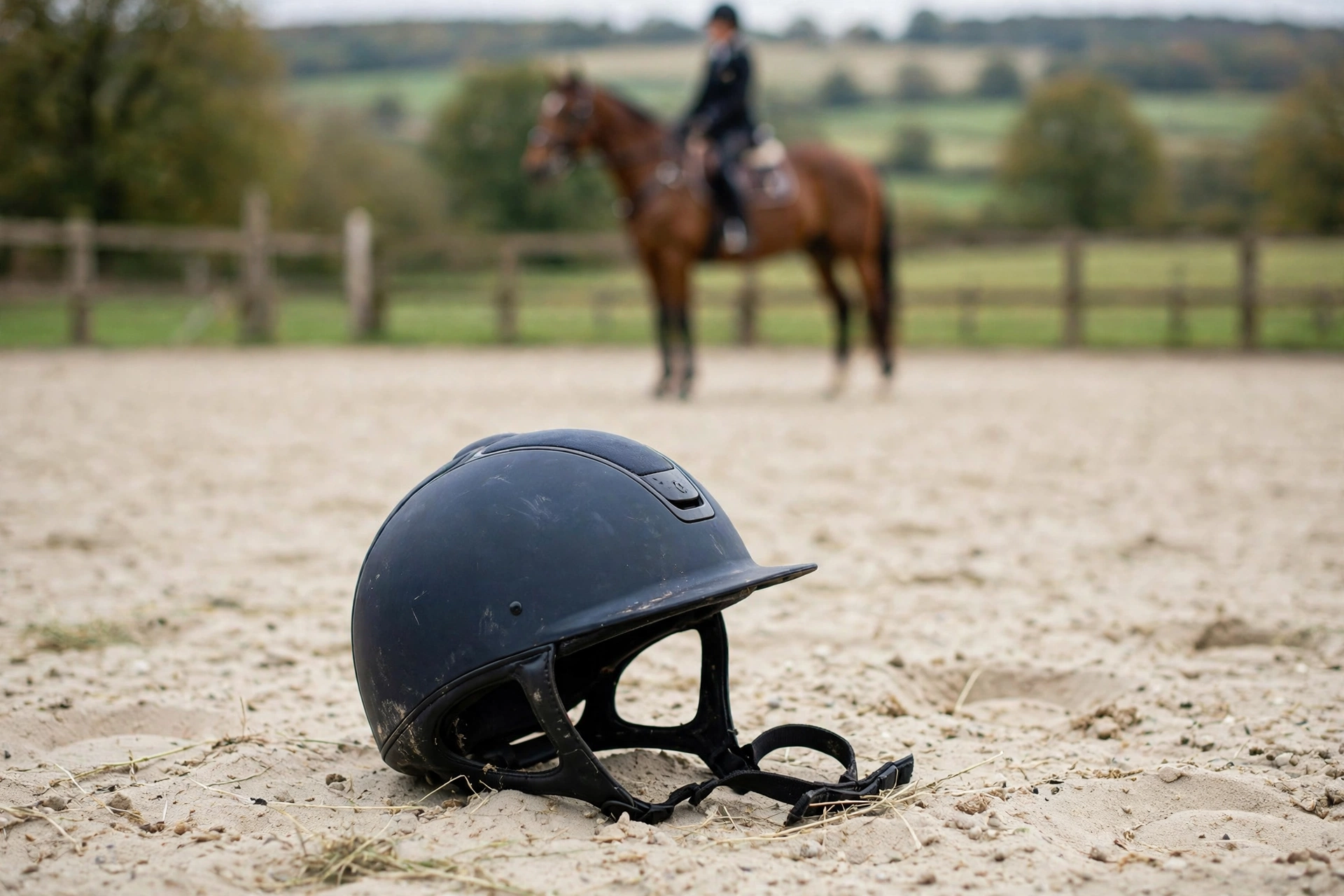 Fallen rider's equestrian helmet resting on arena sand after a fall