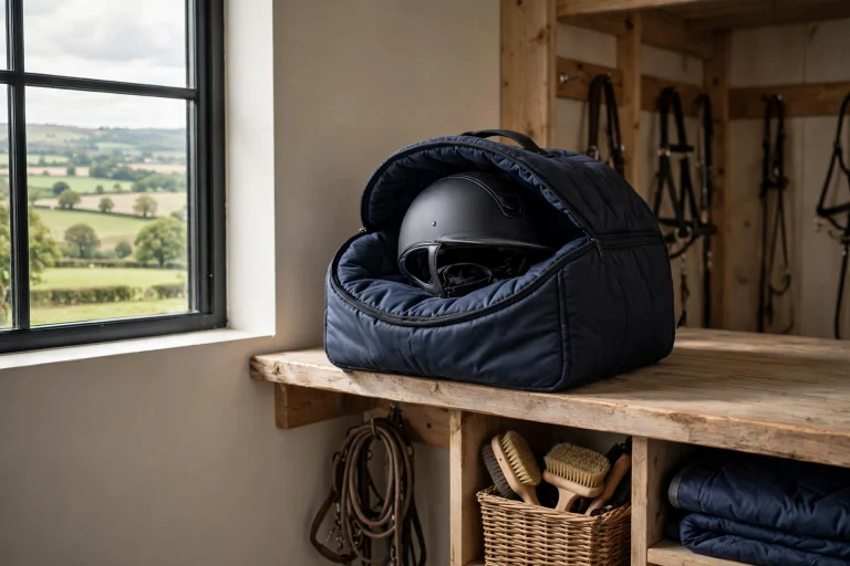 Equestrian helmet in its bag stored on a shelf away from heat and sunlight