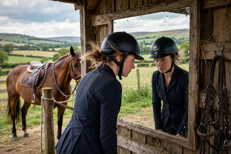 Rider checking equestrian helmet fit with a head shake test
