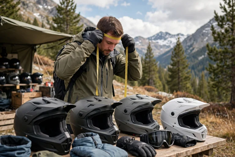 Rider measuring head circumference with a tape for a snowmobile helmet