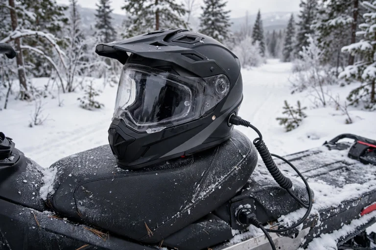 Snowmobile helmet with heated shield plugged in on a cold trail