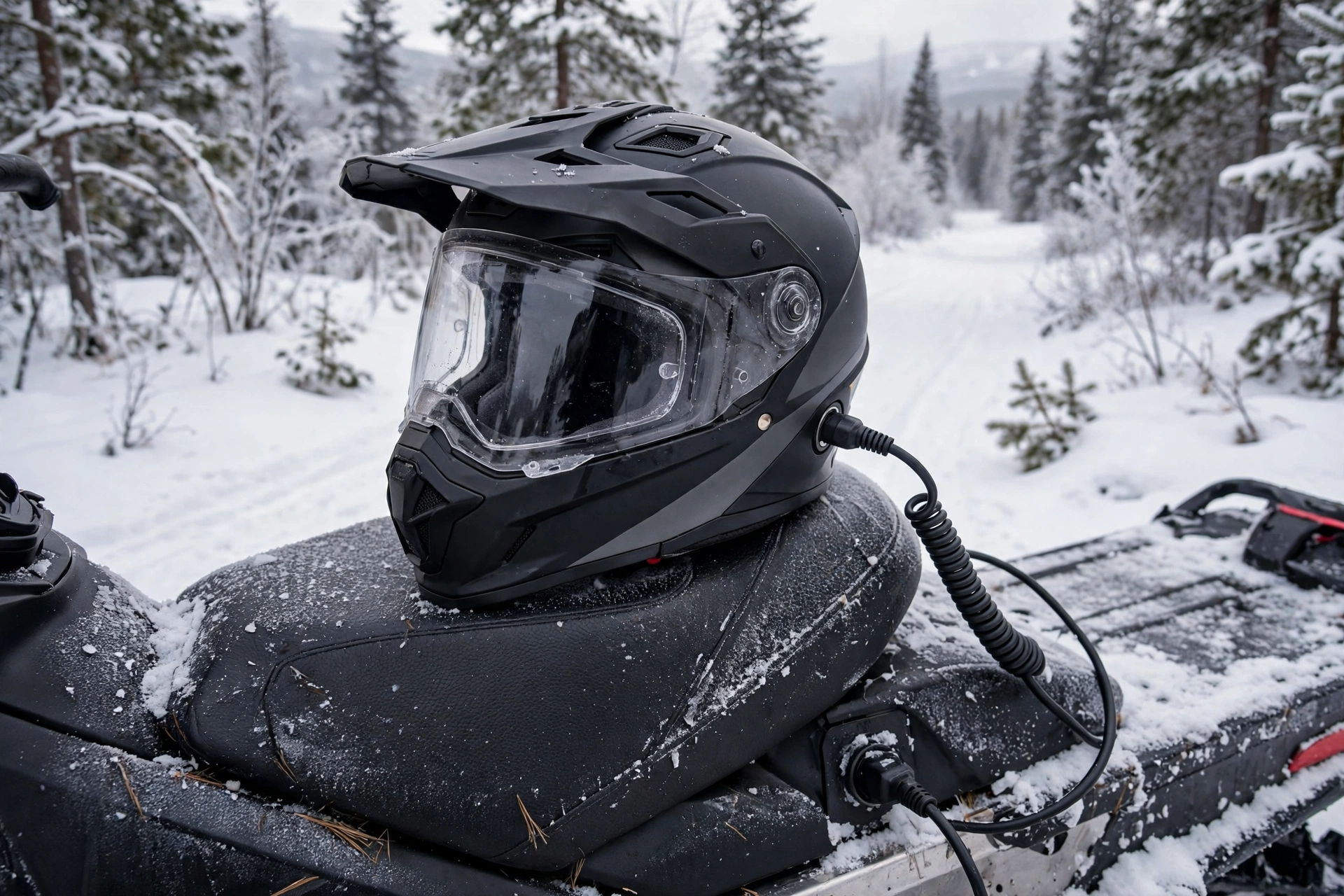 Snowmobile helmet with heated shield plugged in on a cold trail