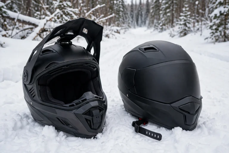 Modular and full face snowmobile helmets side by side in the snow