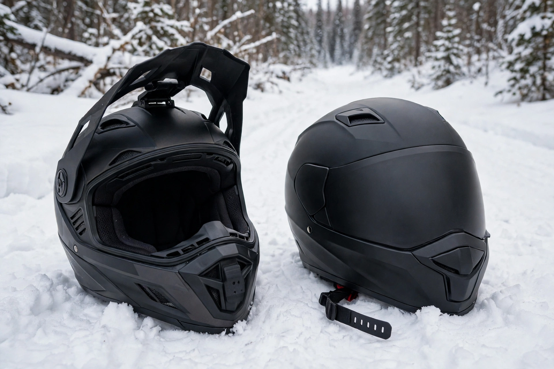Modular and full face snowmobile helmets side by side in the snow