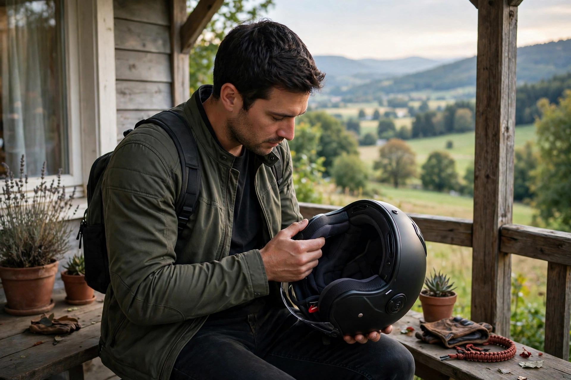Rider checking helmet liner fit and padding condition