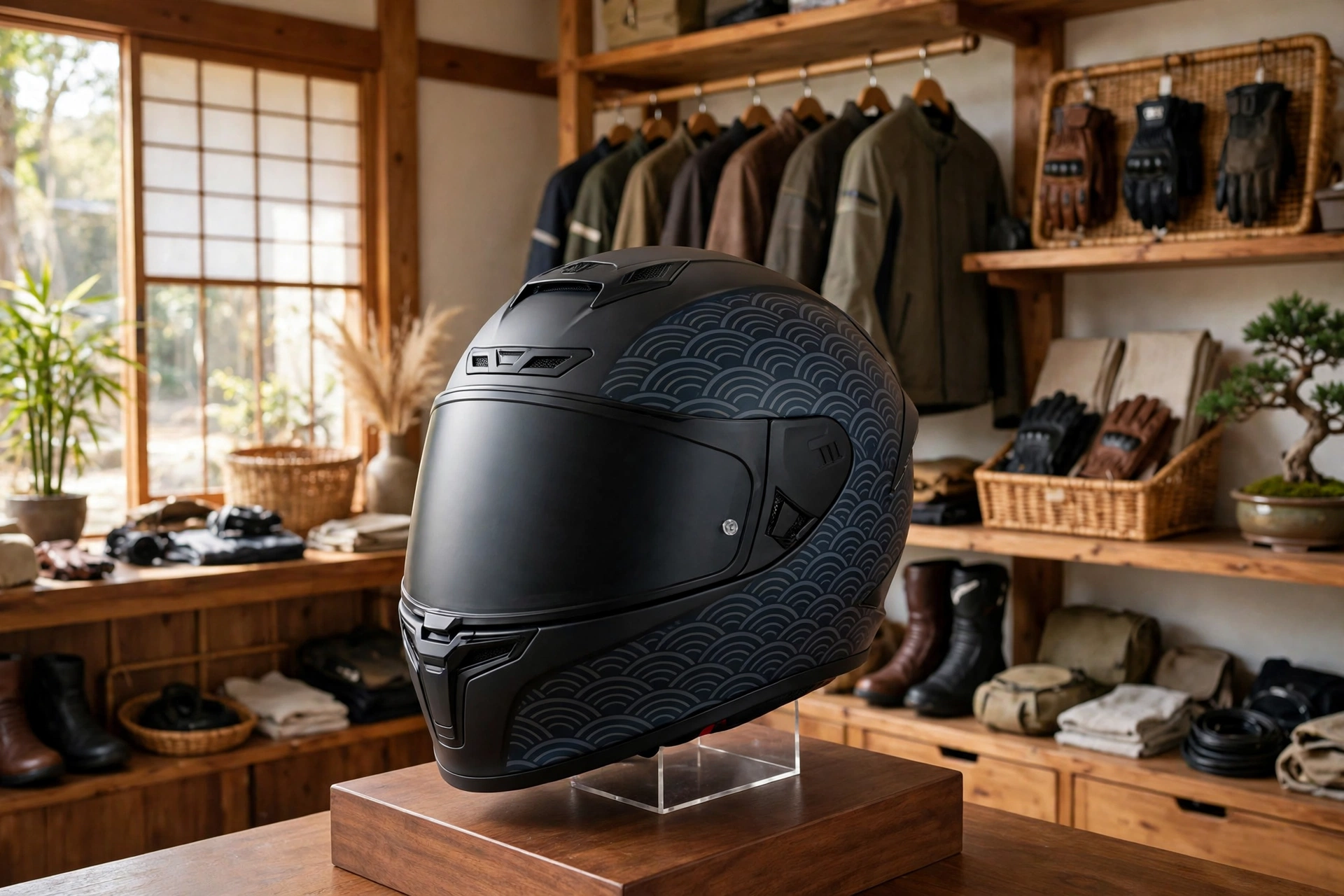 OGK Kabuto full-face motorcycle helmet in a Japanese motorcycle shop