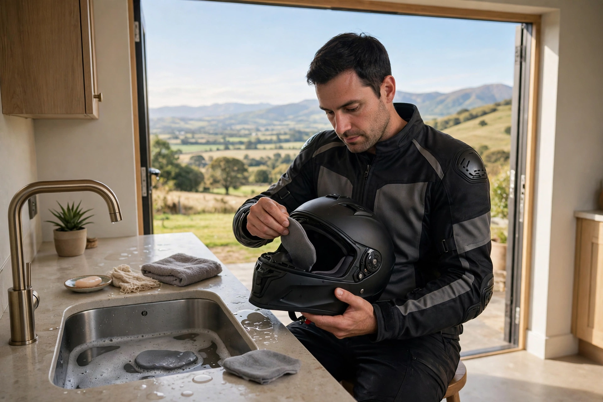 Motorcycle rider removing cheek pads from a helmet to wash them