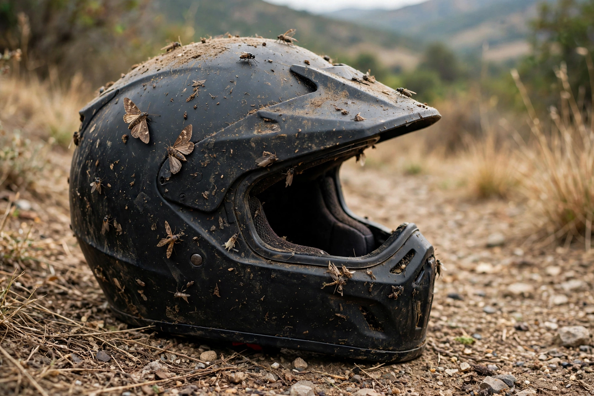 Matte black motorcycle helmet covered in road dust and bugs